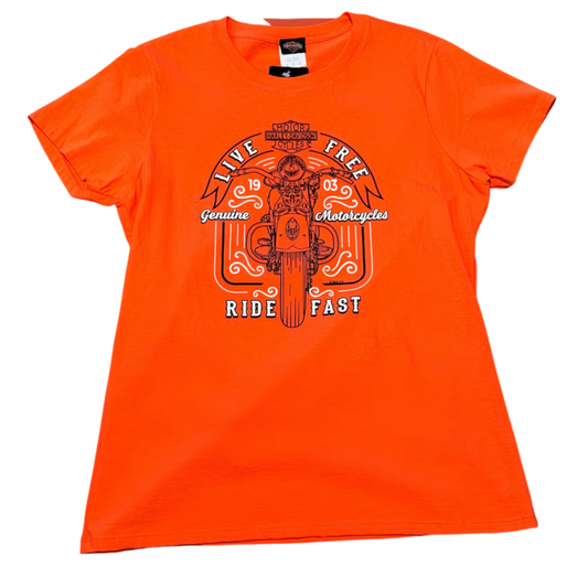 HD Live Free Timber Town Harley-Davidson Womens Orange T-Shirt